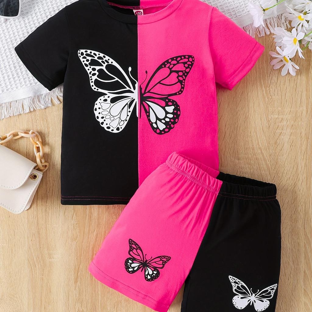 Color Clash для девочек, комплект из 2 предметов, футболка и шорты, топ с короткими рукавами и принтом мультяшной бабочки, повседневная одежда, детская одежда на лето