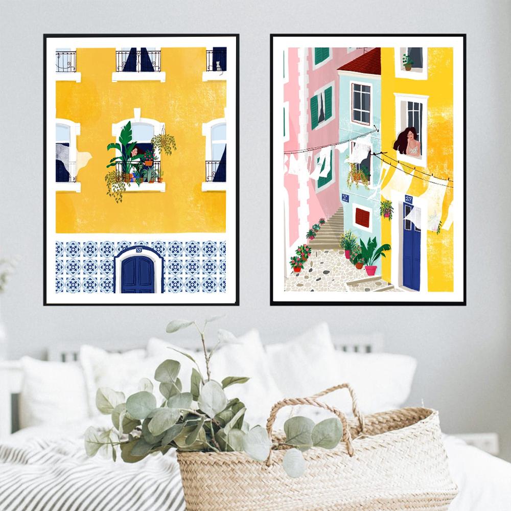Lisbon Plant Girl Illustration Canvas Painting Wall Art Architecture Cat Woman Posters Gift Travel Print Picture Home Decoration