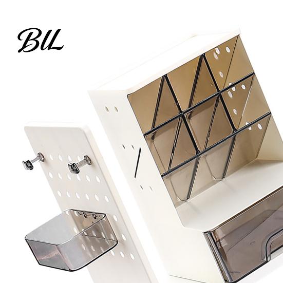 Compact Plastic Desk Shelf Pen Organizer with Retractable Bookends And Pegboard, Multi-Functional Angled Makeup Space Saving Craft Tool Storage Brush