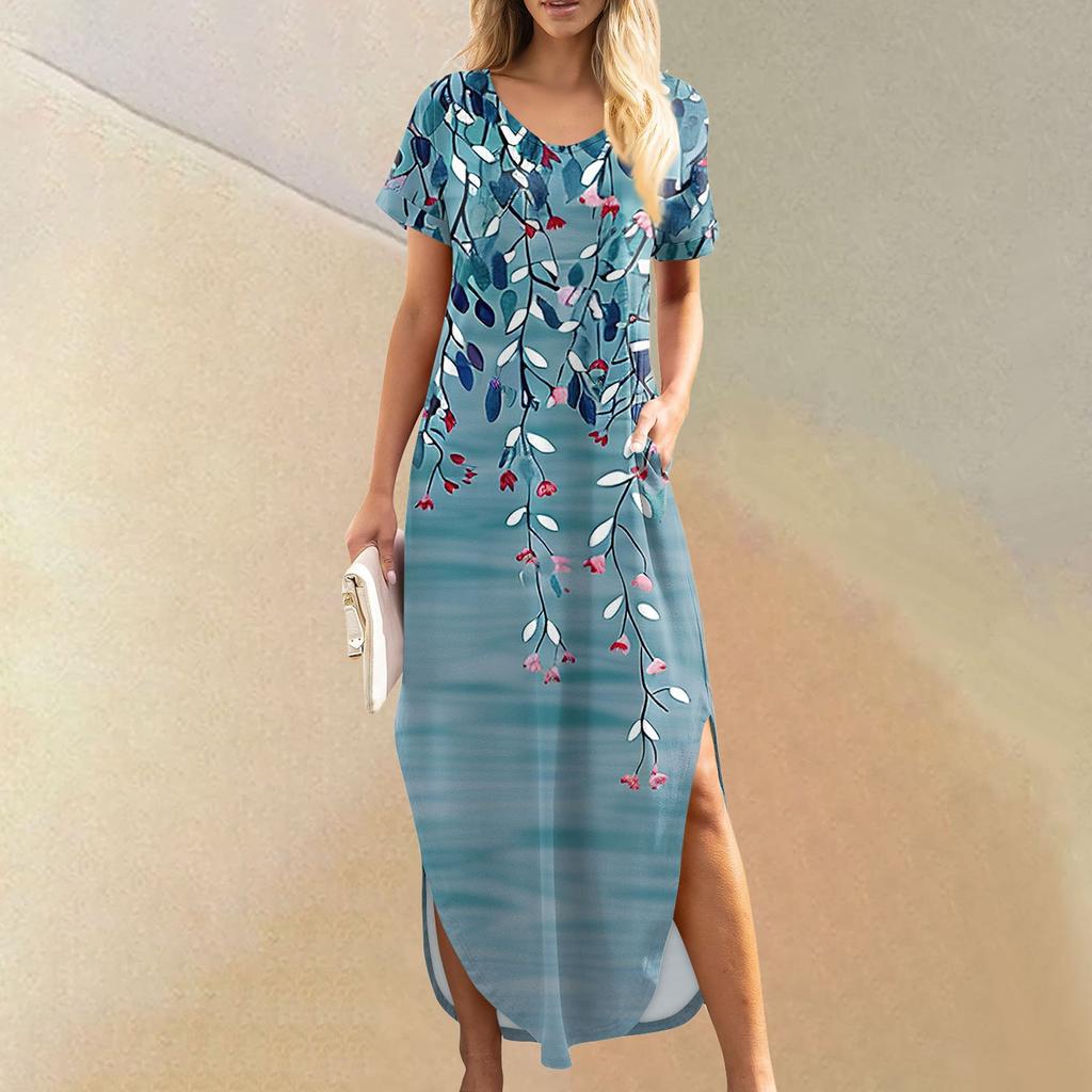 Женские летние повседневные свободные пляжные макси длинные платья с V-образным вырезом и короткими рукавами, модные наряды
