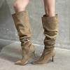Women's High Boots Street Style Pointed Toe Knee-High Boots Sexy Pleated Thin Heels Stripper Prom Autumn Winter Shoe Botas Altas