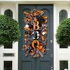 Halloween Front Door Hanging Wreath, Scary Pumpkin Skull and Crossbones and Fabric Sign, Black and White Front Door Wreath Porch Decoration