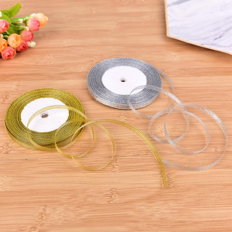25Yards 6mm Silver/Gold Silk Satin Ribbon Party Wedding Decoration Gift Wrapping Christmas Material