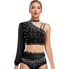 Womens Lyrical Dance Top Asymmetrical Sheer Mesh Long Sleeve Shiny Colorful Rhinestone Crop Top