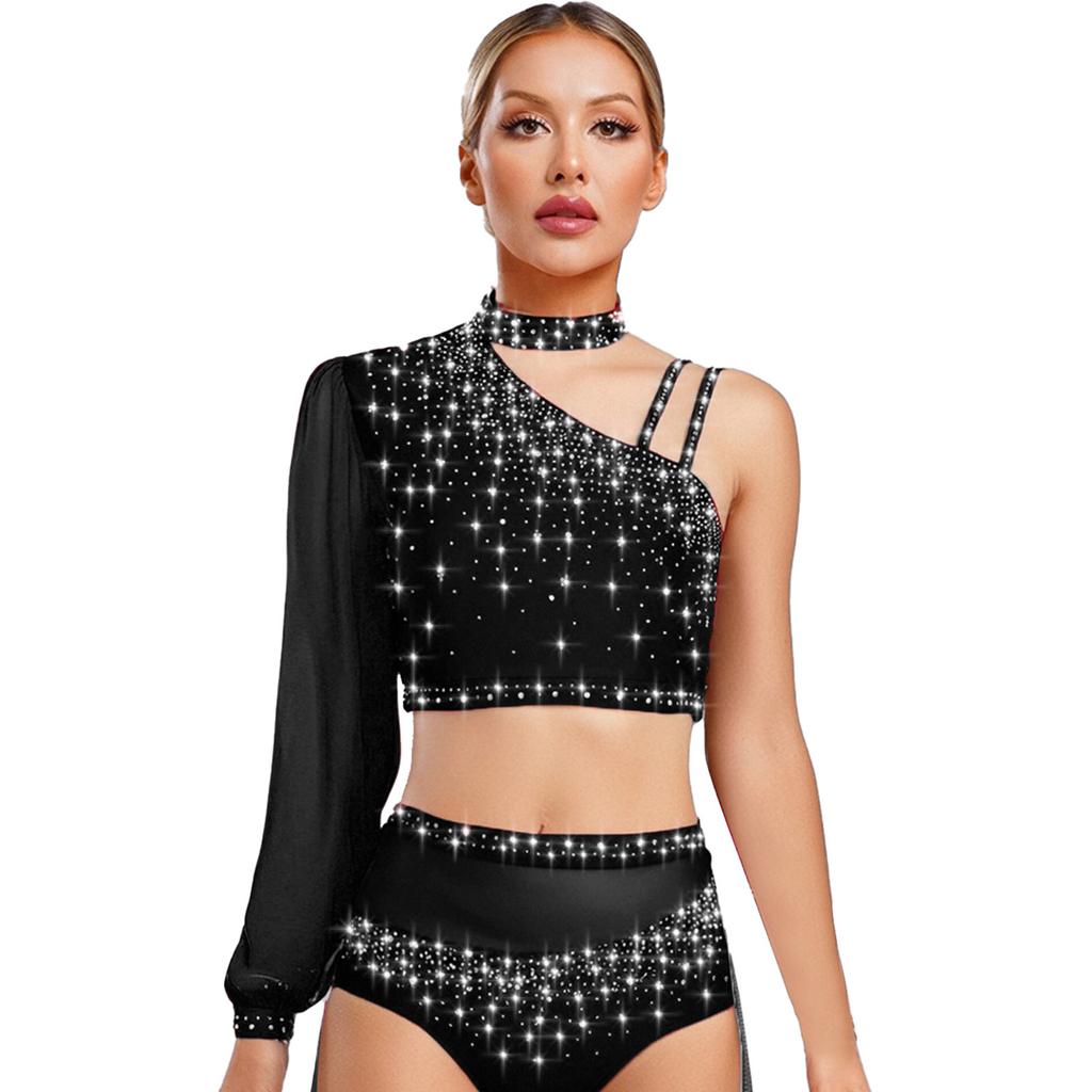Womens Lyrical Dance Top Asymmetrical Sheer Mesh Long Sleeve Shiny Colorful Rhinestone Crop Top