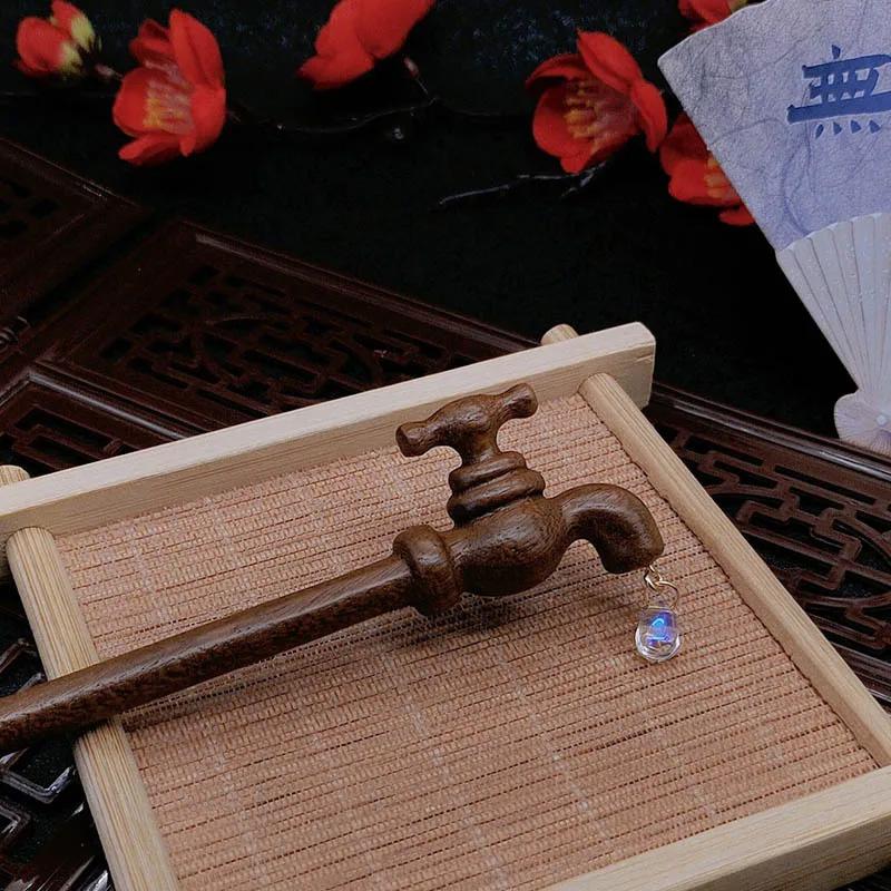 1Pc Water Droplet Shape New Chinese Style Sandalwood Hairpin Ancient Headwear Wood Hairpin Fun Headwear Faucet Hairpin