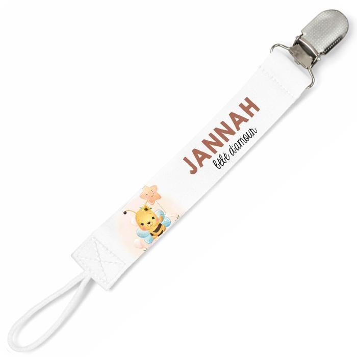Planetee Attache tétine pour prénom JANNAH bébé d'amour Abeille | Attache sucette cadeau naissance