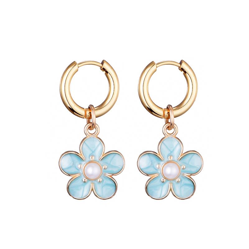 Fashion Cute Pearl Flower Pendant Hoop Earrings For Women Girls Stainless Steel Gold Color Ear Buckle Enamel Charm Drop Jewelry