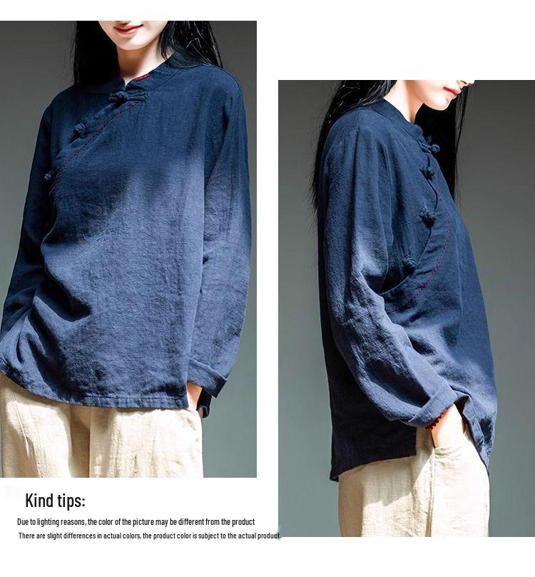 Женская рубашка ретро из хлопка и льна с длинным рукавом - воротник-стойка, косой лацкан, на пуговицах, свободного кроя для весны, лета и осени