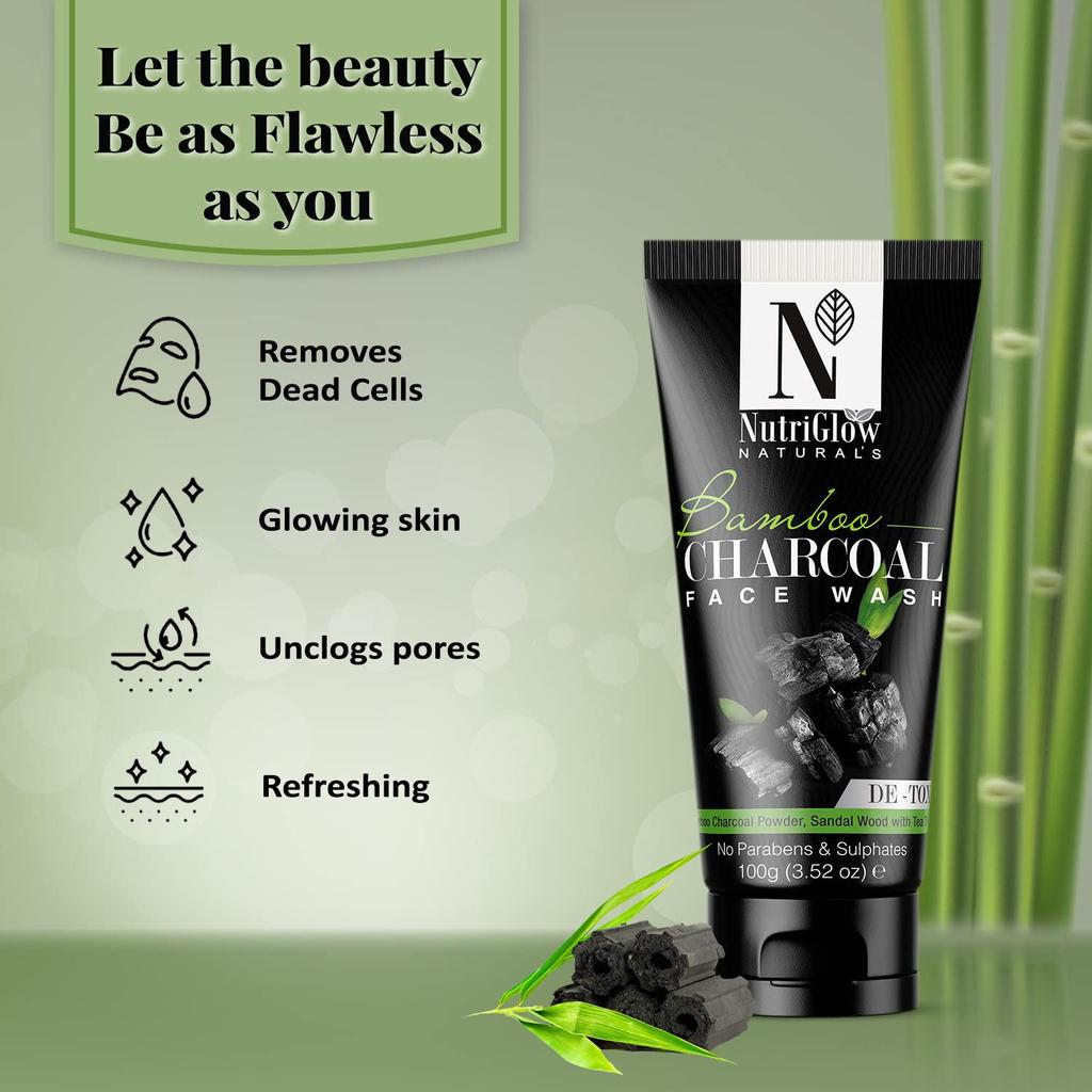 Средство для умывания лица с бамбуковым углем NutriGlow Natural для ежедневного отшелушивания, освежения кожи