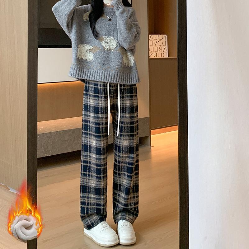 Осенне-зимние шерстяные клетчатые женские длинные брюки с эластичной талией, свободные прямые брюки для женщин