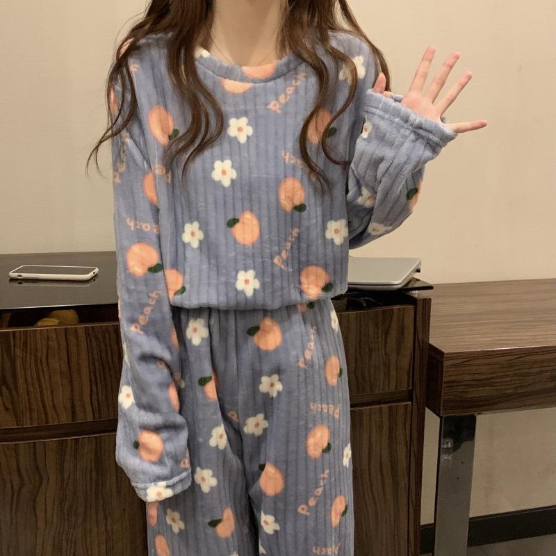 Фланелевые пижамы с принтом, женские зимние теплые милые костюмы для девочек, утепленная домашняя одежда больших размеров, шикарный костюм из двух предметов