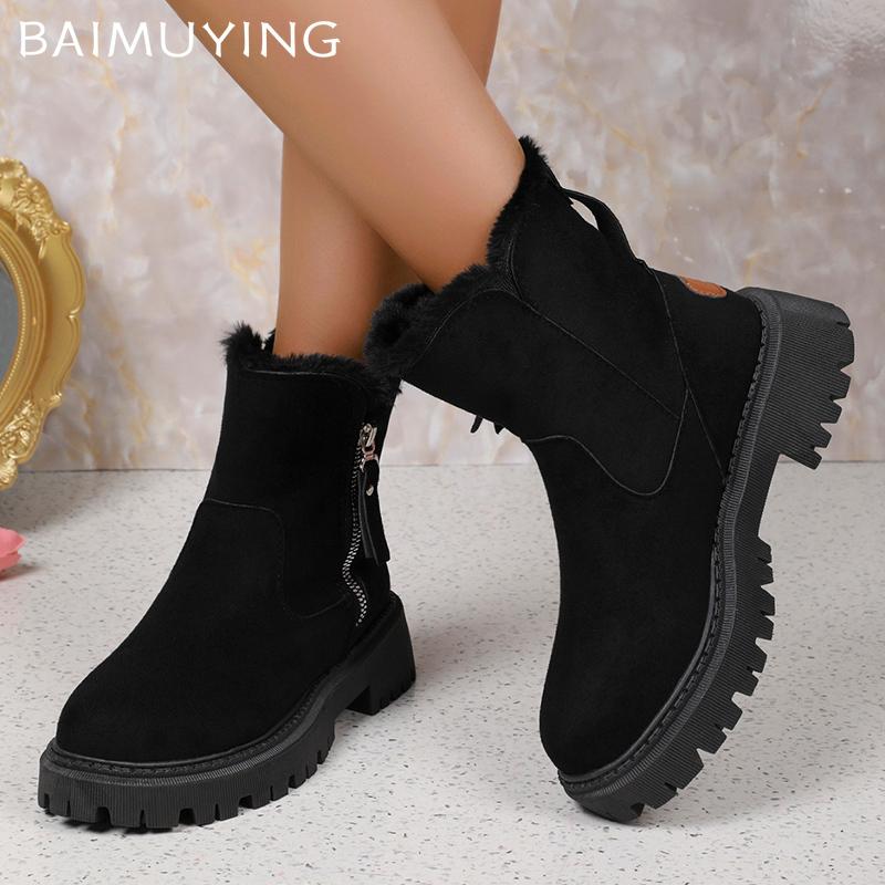Suede Chunky Women Snow Ankle Boots Short Plush Mid Heels Cotton Shoes 2025 Trend Winter Warm Casual Cozy Designer Botas Mujer
