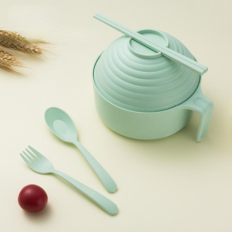 Wheat Straw Multifunctional with Lid Bowl Spoon Fork Chopsticks Eating Dinnerware Set Anti-hot Bowl Microwavable Bowl