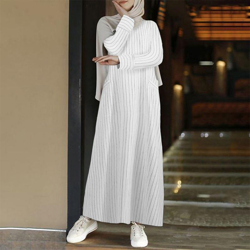 Women Muslim Kaftan O Neck Party Belt Solid Puff Sleeve Retro Long Maxi Shirt Dress