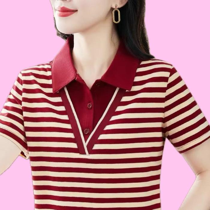 Striped Short-sleeved T-shirt Women's New Summer Large-size POLO Shirt with Lapel Loose Thin Top