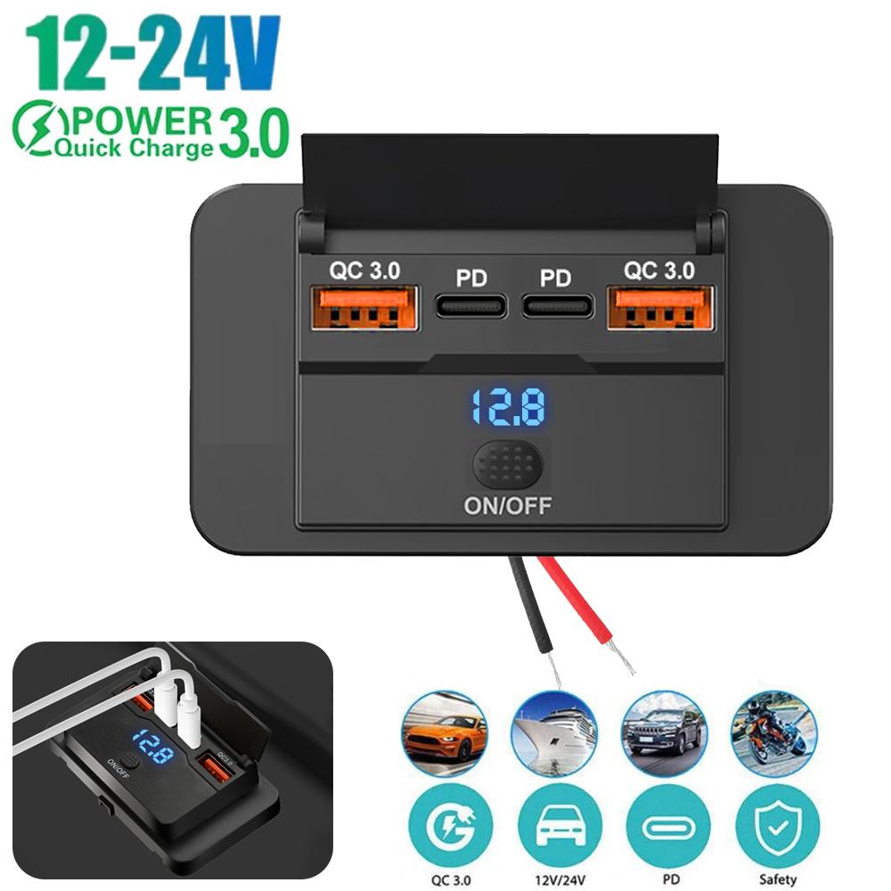 12В 24В USB Розетка Автомобильная Зарядка 4-портовая Двойной PD Двойной QC3.0 USB C Разъем Настенное Крепление Аксессуары для Автомобиля Лодки Морского Транспорта RV Грузовика