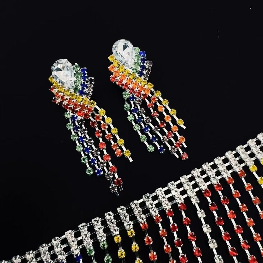 Vintage Rhinestone Crystal Necklace Shiny Ear Studs Luxury Rainbow Tassel Jewelry Set Girls