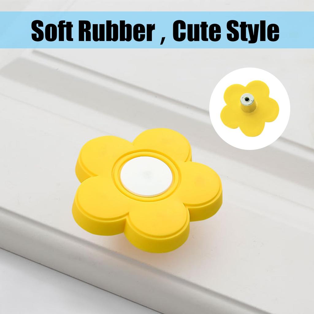 6pcs Yellow Flower Shape Cabinet Knobs: Soft Rubber Handles 1.8x1.8x0.85 Inch Drawer Pulls - Kid-Friendly Design with Screws for Kids' Rooms Close