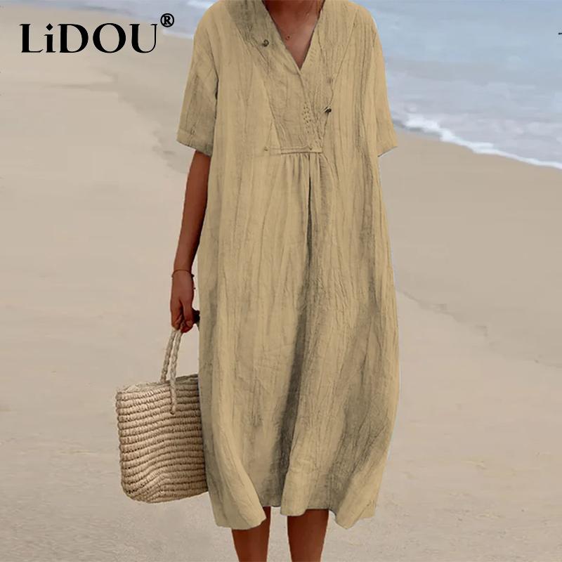 Summer Literary Vintage Cotton Linen Dress Female Short Sleeve Loose Casual Robe Women Solid Color Vestidos