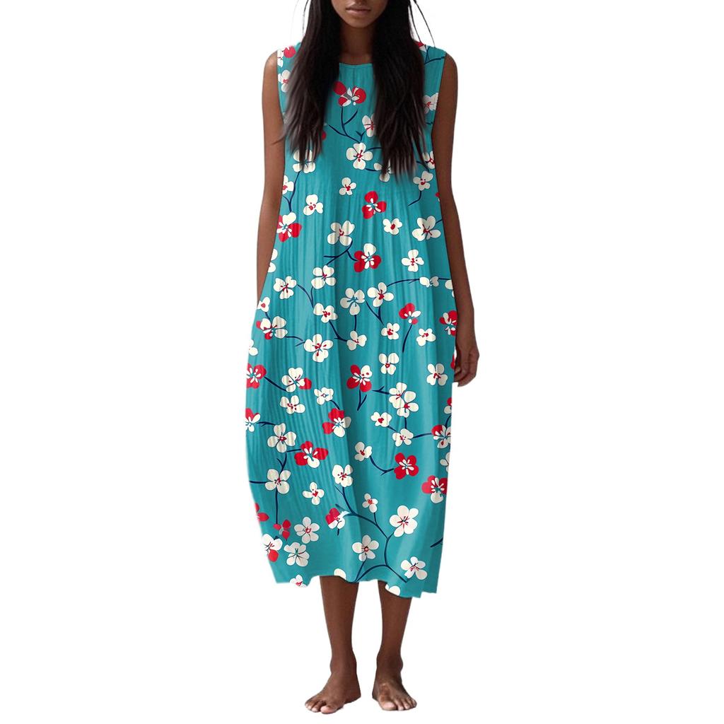 Women's Fashion Casual Sleeveless Round Neck Floral Elegant Temperament Dress