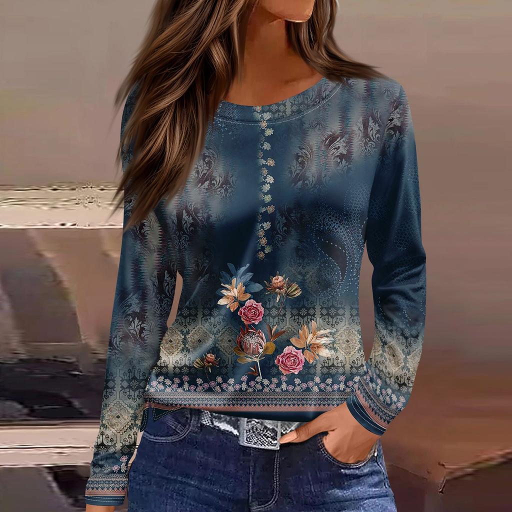 Women's Fashion Casual Slit Hem Round Neck Long Sleeve Loose  Printed T-Shirt Ladies Top