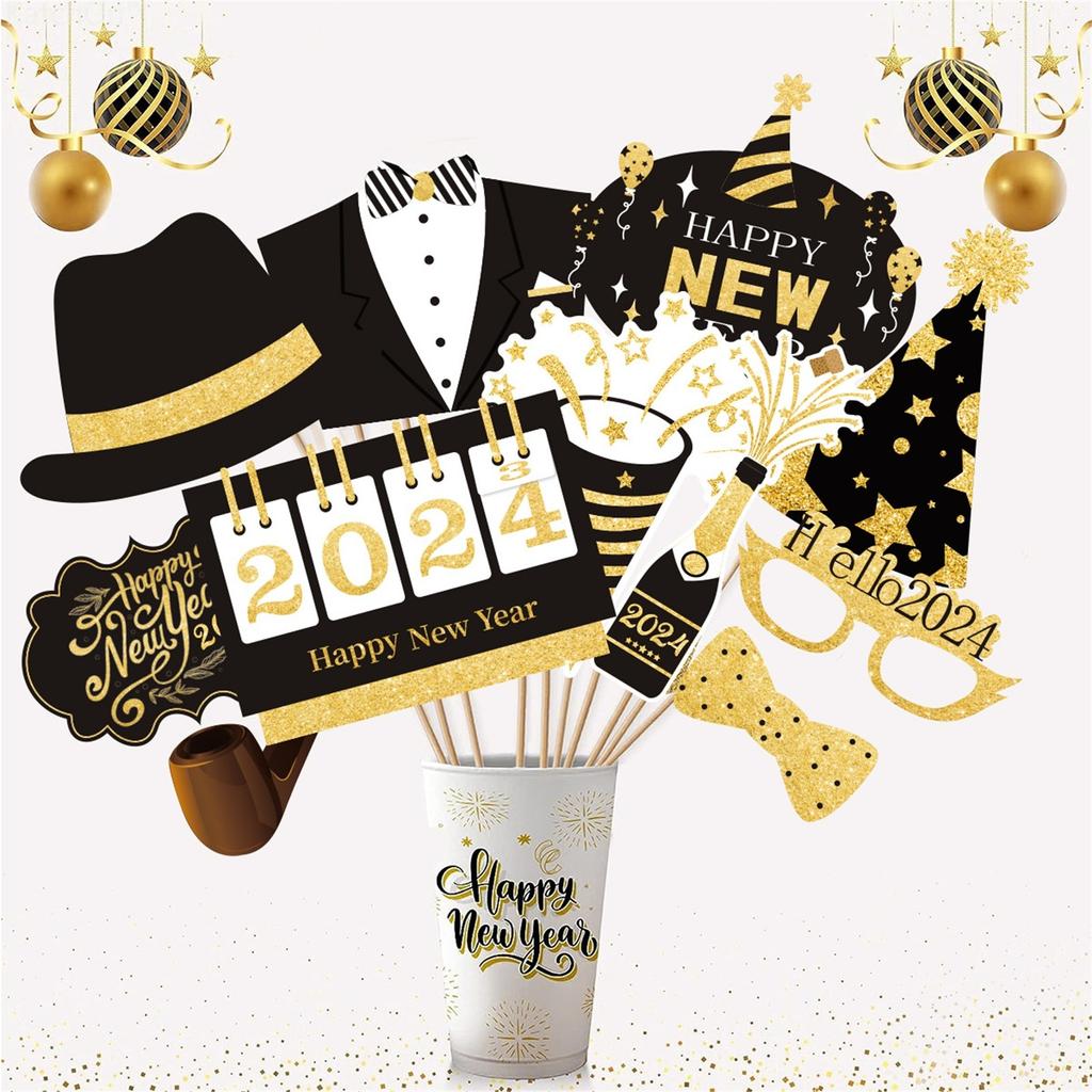 Happy New Years Eve Party 2024 New Year Party Photo Booth Props Kit - Party Decorations - 21 Count