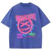 Fashion Women Cotton Washed T-Shirt Funny Sad Expression Graffiti Print Tees Street Short Sleeve Oversize Clothing