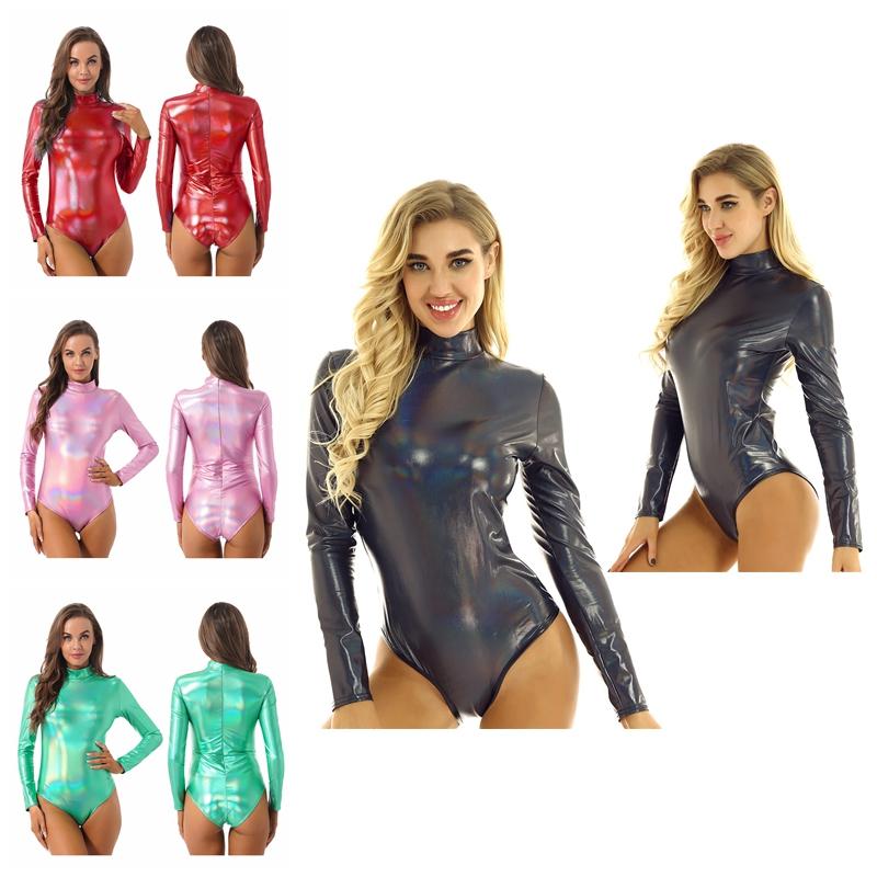 Women's Shiny Metallic Long Sleeve Turtleneck Thong Leotards Dance Gymnastics Bodysuit Clubwear