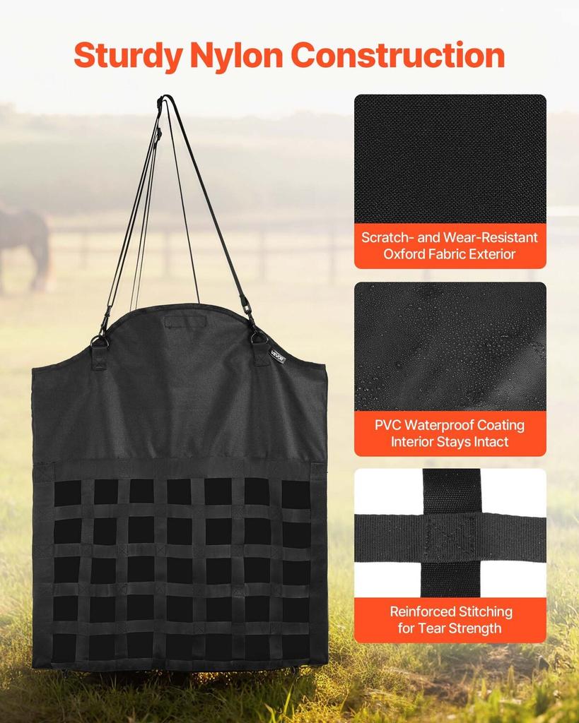Hay Bag for Horses, 55 x 18.5 x 64 cm, 46 x 46 mm Holes, Premium Nylon Construction with PVC Waterproof Coating, Adjustable Hanging Straps and Metal