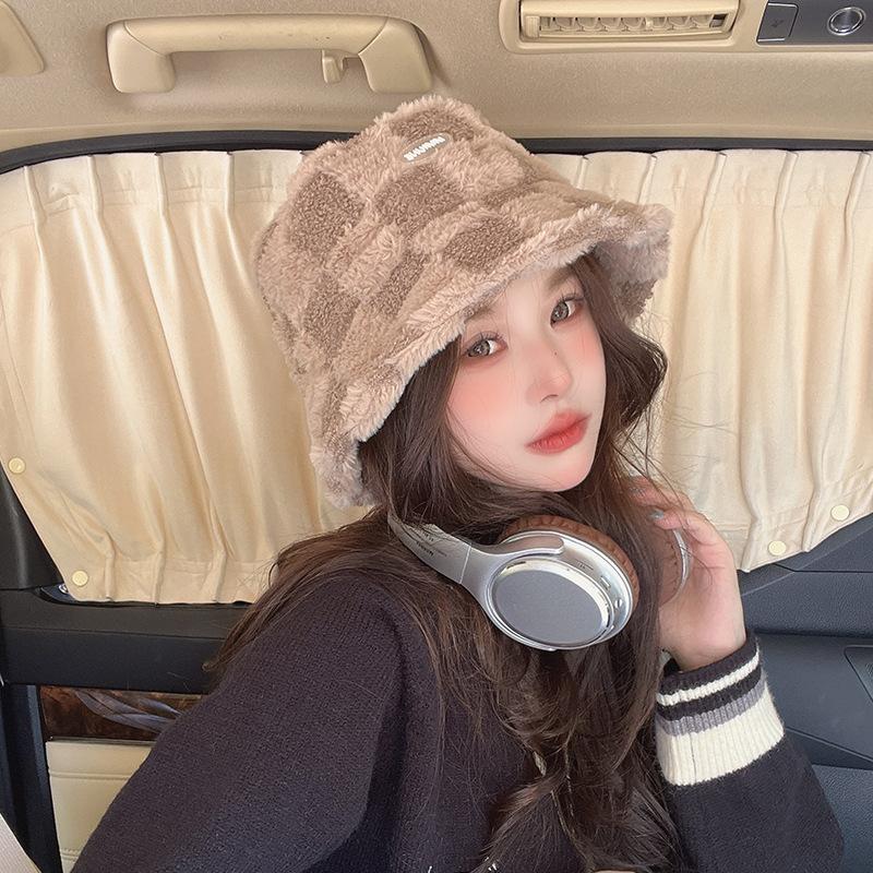 Plush bucket hat female face small fashion versatile checkerboard warm plush basin hat winter hat