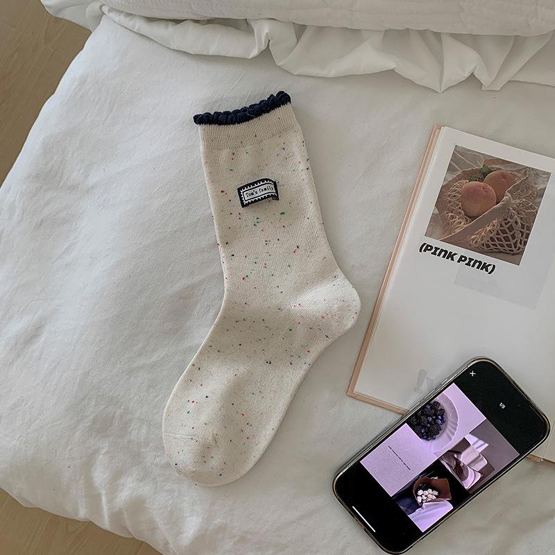 Женские весенне-осенние милые носки-трубы из пряжи с полосками, кружевом и тканой этикеткой с буквой, бесшовные, махровые