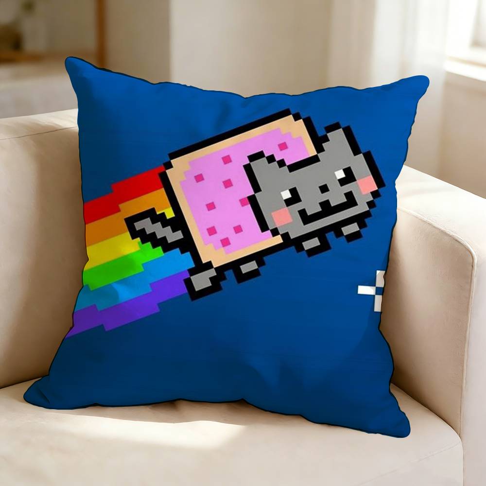 PixelArt Cartoon NNyan CCat Square DoubleSided printed Pillow Case Bedroom Bedside Pillow Sofa Cushion Cover