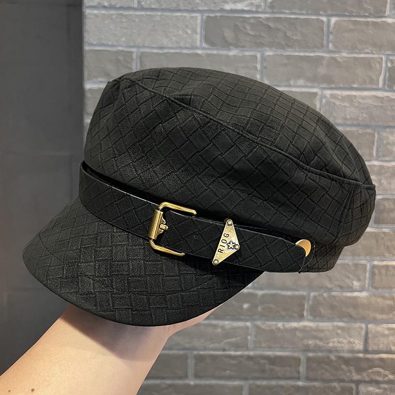 Hat Women's Spring and Autumn European and American Leather Chain Cap Flat Top Hat Fashion Versatile Autumn British Painter Equestrian Hat