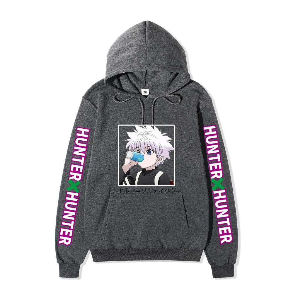 Hunter X Hunter Drinking Killua Hoodie Japanese Name Purple Letter Sleeve Anime Hooded Pullover Sweatshirt