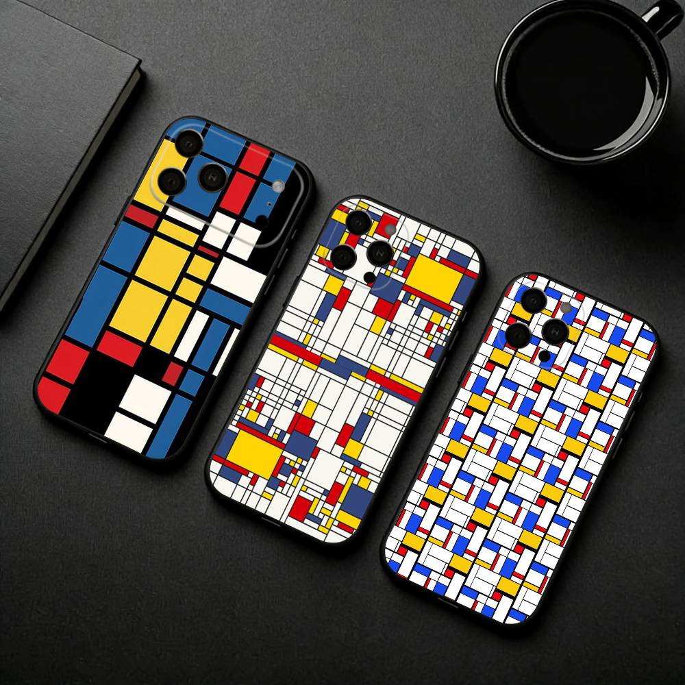 Сетка T-TOPLBPCS M-Mondrian Чехол для телефона для iPhone 17pro,16,15,14,13,12,11 Plus,Pro Max,XS,Мягкий силиконовый черный чехол