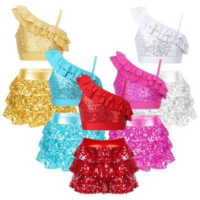 Детский комплект из 2 предметов для девочек, танцевальная одежда с блестками, укороченный топ и юбка, костюм для латинского джазового танца, гимнастический купальник