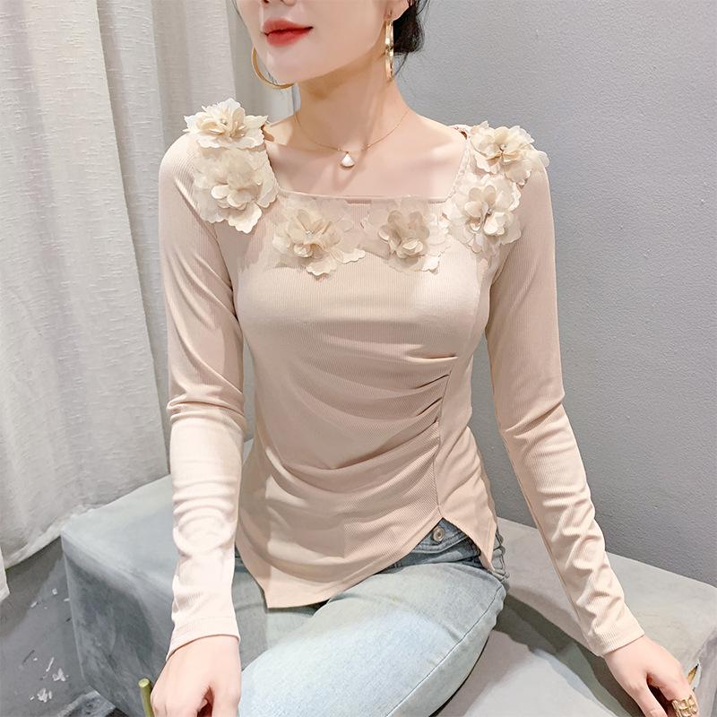 Женский топ с квадратным вырезом в новом зимнем стиле, футболка с длинными рукавами и нерегулярным разрезом, универсальная базовая футболка