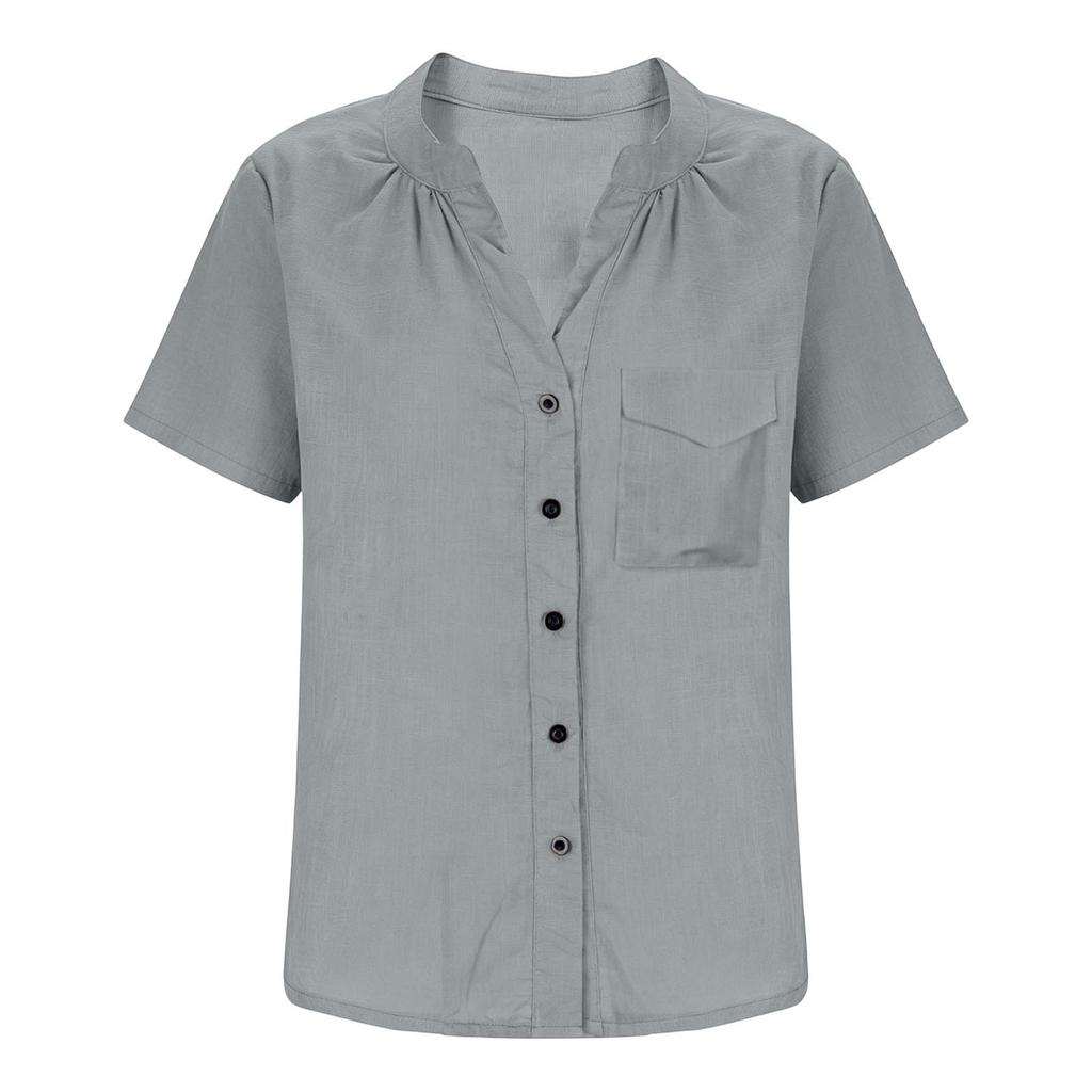 Women's Casual Top Monochrome Pleated Top Round Neck Short Sleeved Shirt