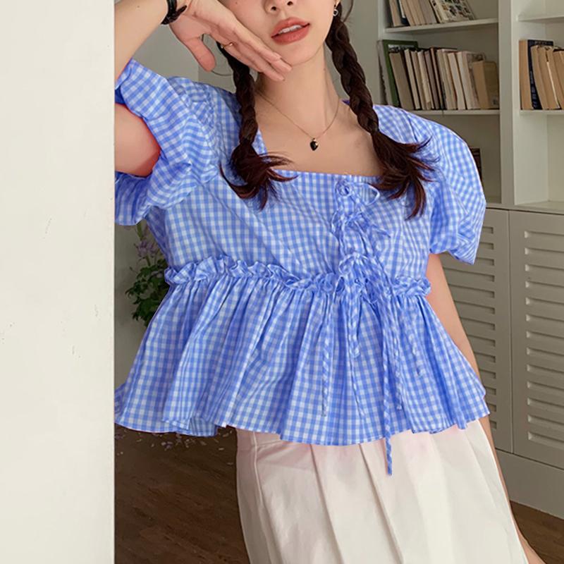 VONDA Женские летние блузки с квадратным вырезом и короткими рукавами в клетку