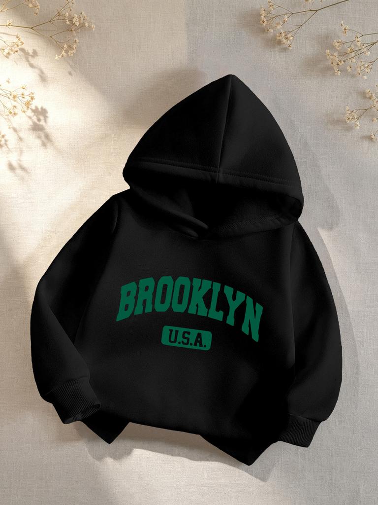 Boys' Fleece-Lined Warm Hooded Pullover – "BROOKLYN USA" Letter Print – Casual Athletic Sweatshirt for Autumn/Winter