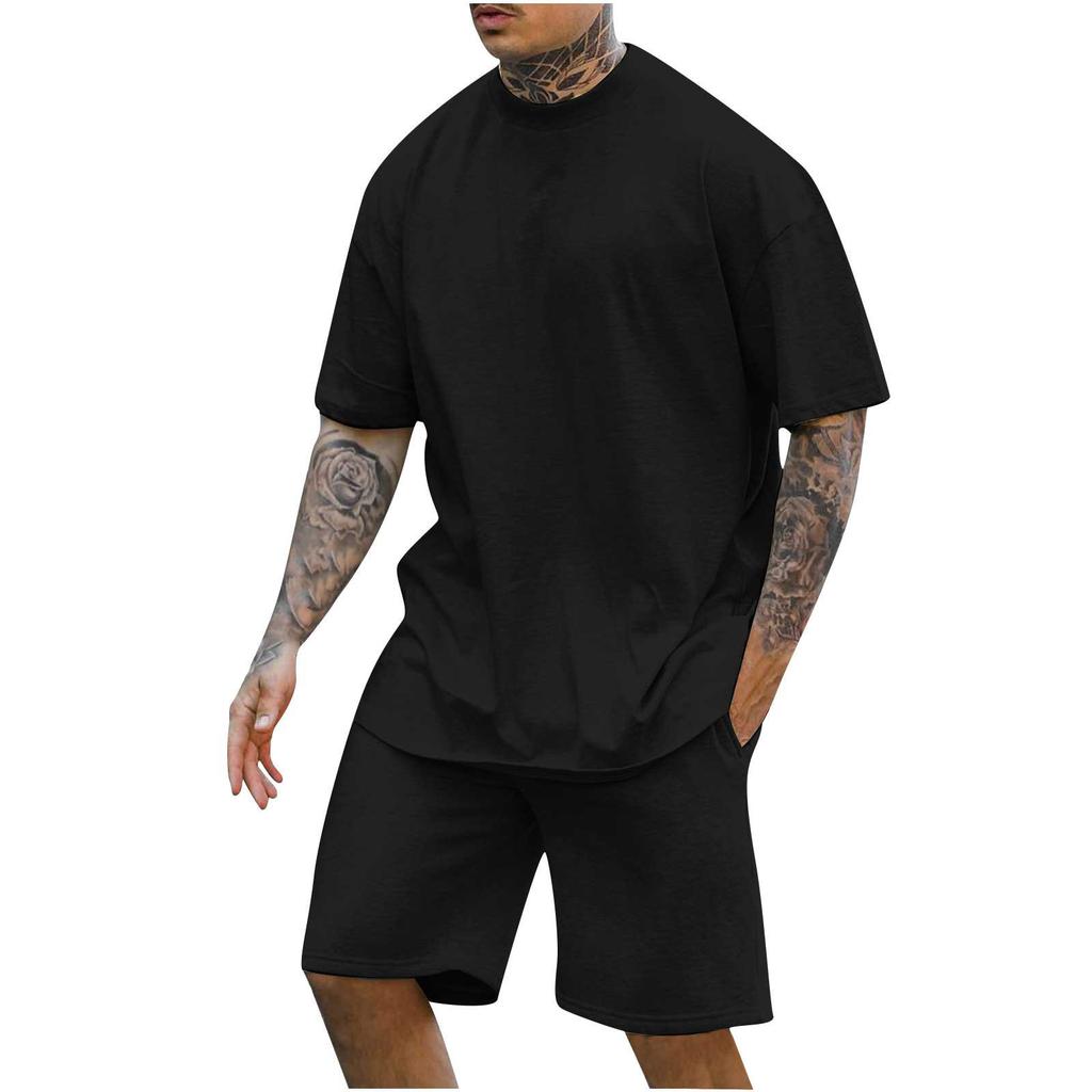 New Men's Round Neck Drop Shoulder Short-sleeved T-shirt Top Shorts Two-piece Fashion Sports and Leisure Suit