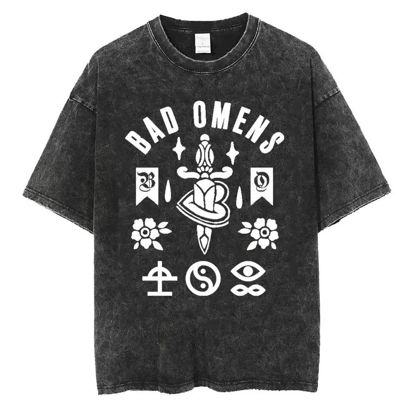 Streetwear Bad Omens Band Music Tour Washed T Shirt Retro 90s Men Women Clothing T-shirt Casual Oversized Tees