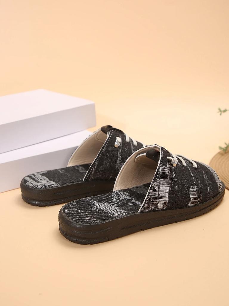Fashion Women Slippers Canvas Lace-up Open-toed New Flat-Bottom Casual Women Fashion Denim Beach Shoes Sandalias Mujer