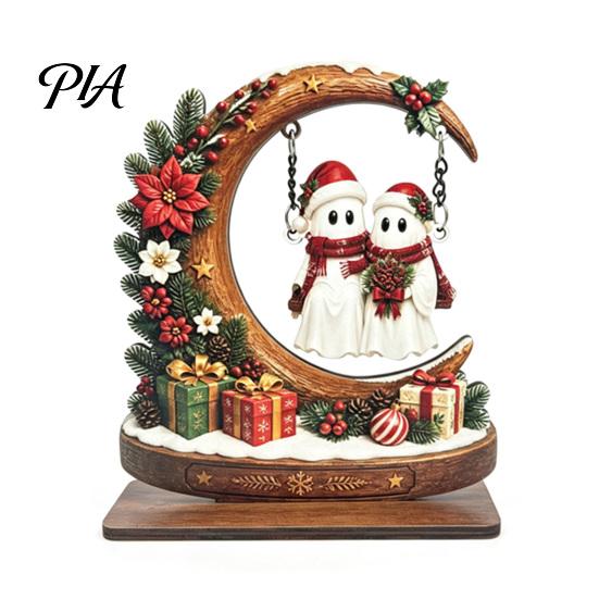 Christmas Tabletop Decor Wooden Tree Ornament, Santa Snowman Reindeer Crescent Moon Swing Holiday Gift for Colleagues Home Office Party Supplies