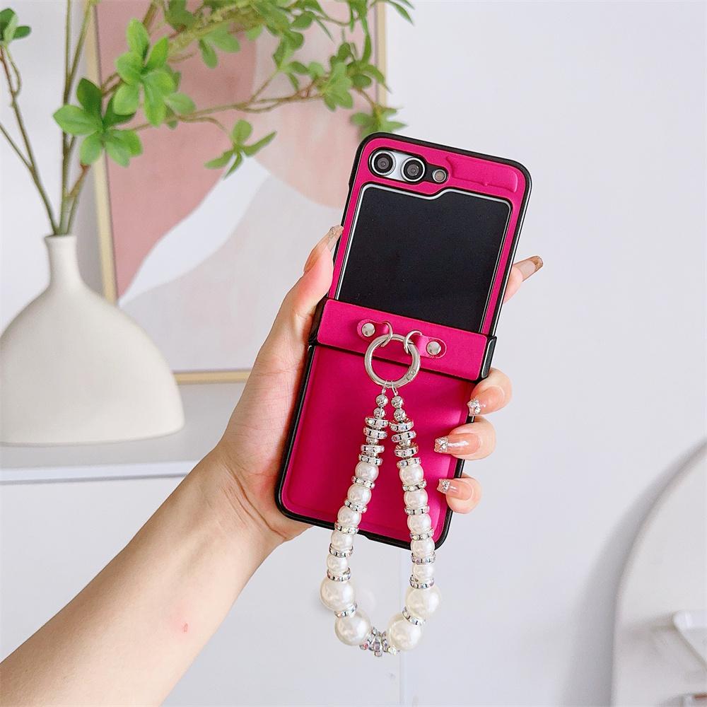 Leather Cover with Glitter Pearl Wrist Chain Strap Bracelet For Samsung Galaxy Z Flip 6 5 4 3 Hard Hinge Protective Phone Case