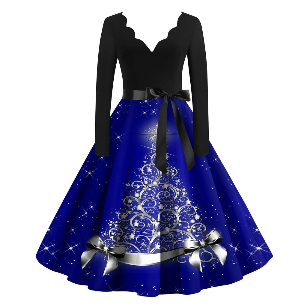 Женские рождественские повседневные модные винтажные платья с v-образным вырезом и длинными рукавами с принтом