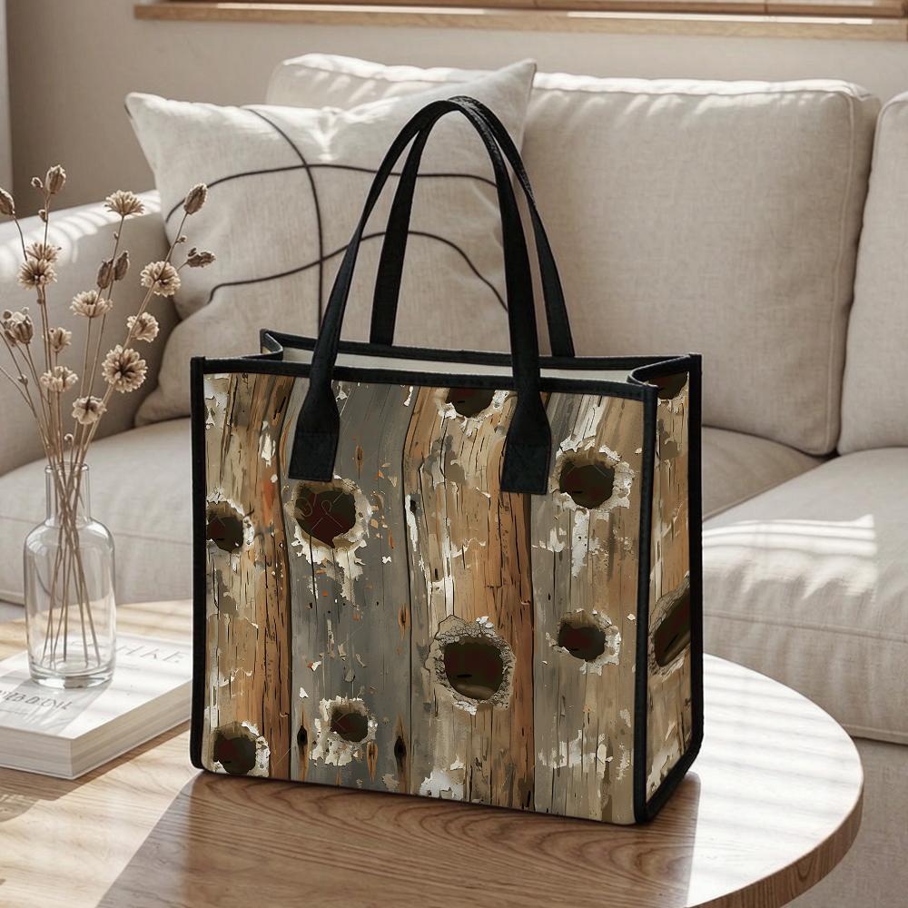 Vintage Wood Print Tote Bag Casual Large Capacity Handbag for Daily Use
