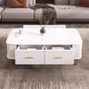 Coffee Table Golden Handles with Two Drawers Large Storage Space Curved Corners Wavy Side Storing MDF Rectangle Shape Tea Table Home