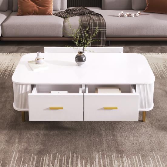 Coffee Table Golden Handles with Two Drawers Large Storage Space Curved Corners Wavy Side Storing MDF Rectangle Shape Tea Table Home